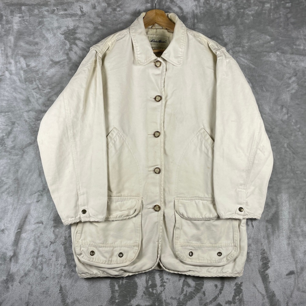 Vintage Eddie Bauer Barn Chore Jacket Womens S Cream Cotton Canvas Field Coat